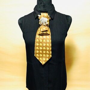 Gold and Yellow Elephant Necktie with Elephant Brooch